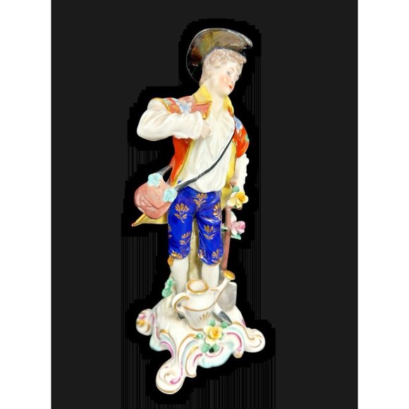 Antique Porcelain Figurine Chelsea Gold Anchor Mark Gardener Shovel Watering Can - Picture 2 of 11